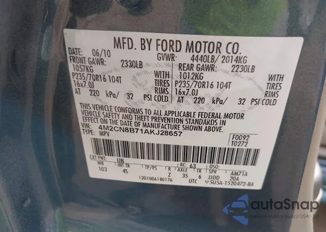 2010 Mercury Mariner z USA, uszkodzony, nr VIN 4M2CN8B71AKJ28657